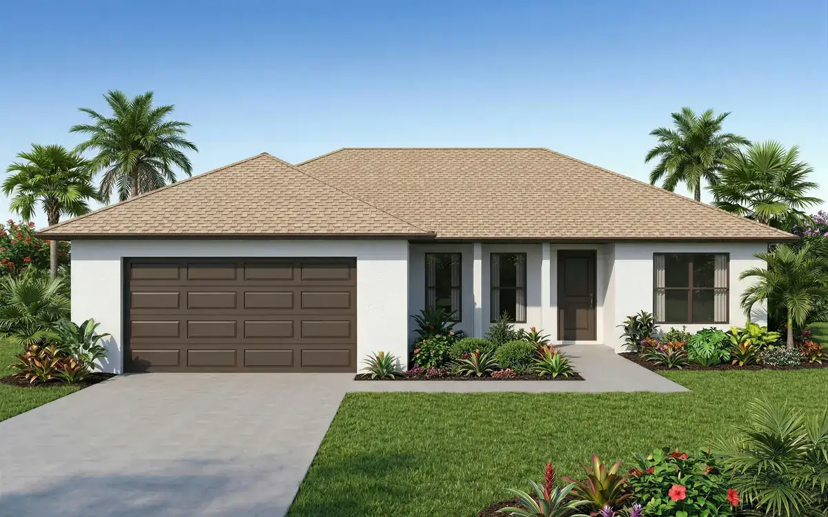 A single-story white stucco home with a two-car garage, palms and a green lawn in Florida